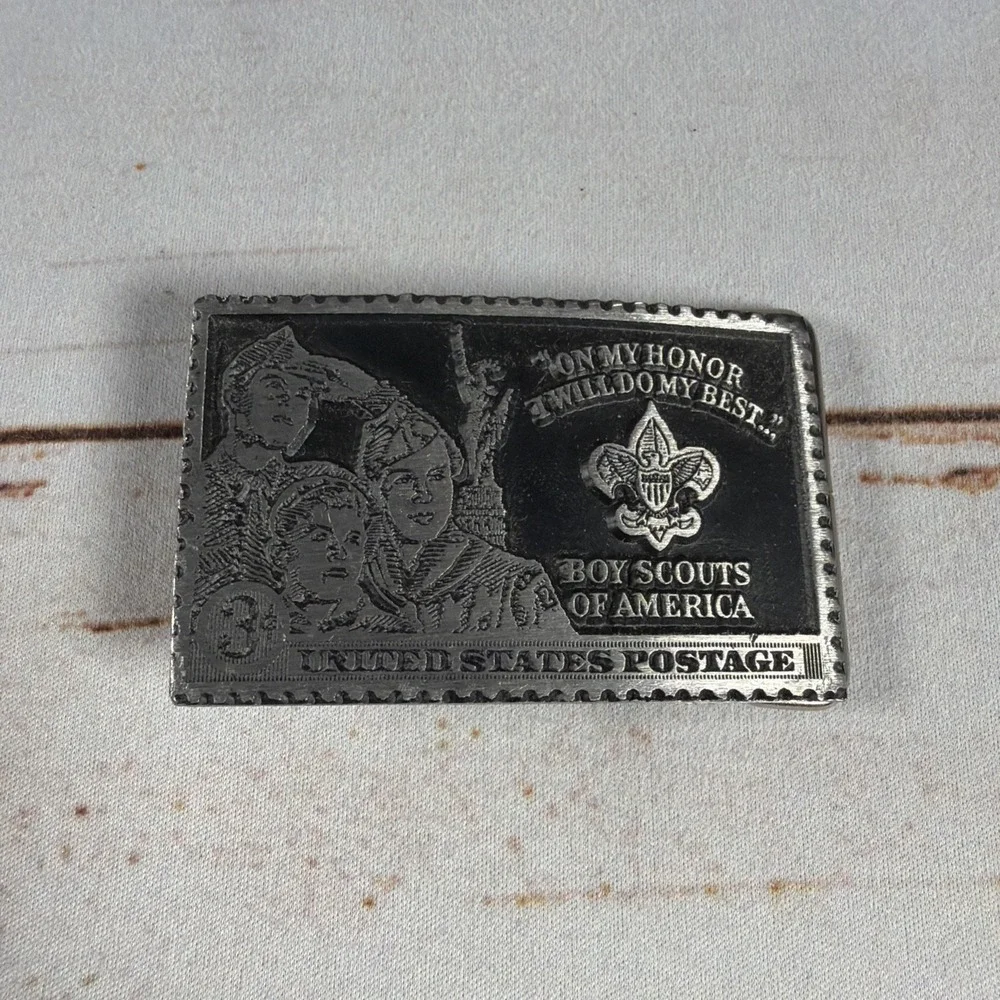 Vintage Boy Scouts BSA 3 Cent Stamp Belt Buckle Pewter Dory USA Collectible